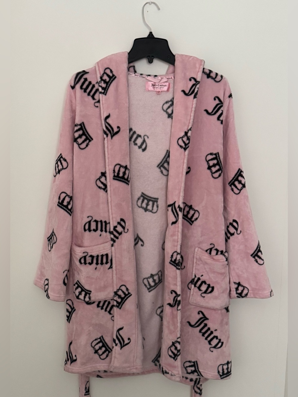 Juicy Couture Pink Plush Hooded Robe Jacket with Black Logo Print L/XL